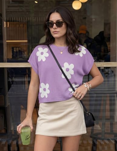 Image of ZESICA Women's Summer Trendy Knit Top 2026 Floral Print Short Sleeve Crewneck Loose Fit Sweater Vest Going Out Clothes
