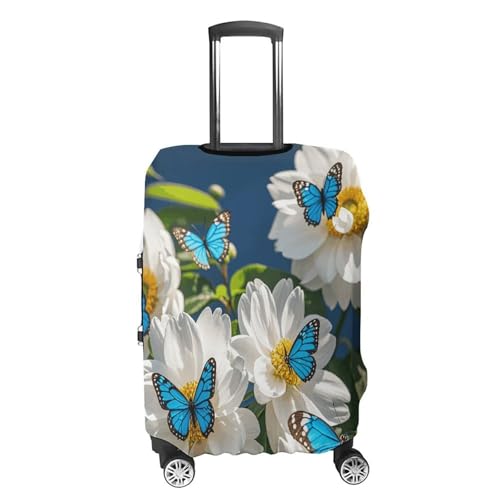 Carry on Luggage Cover White Blooms Blue Butterflies Suitcase Covers for Luggages Tsa Approved Travel Luggage Sleeve Protector Elastic Suitcase Protector Anti-Scratch Washable Fits 19-30 Inch Case -L4