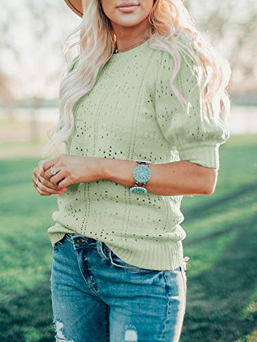 Foshow Womens Puff Short Sleeve Sweaters Tops Summer Soft Crew Neck Dot Pullover Shirt Lightweight Knit Sweater Blouse Green #TOP2