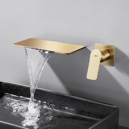 Image of AQUIEEN Plato Wall Mounted Waterfall Basin Mixer Tap | Modern Single Lever Concealed Basin Faucet | Contemporary Bathroom Sink Mixer (Brushed Gold)