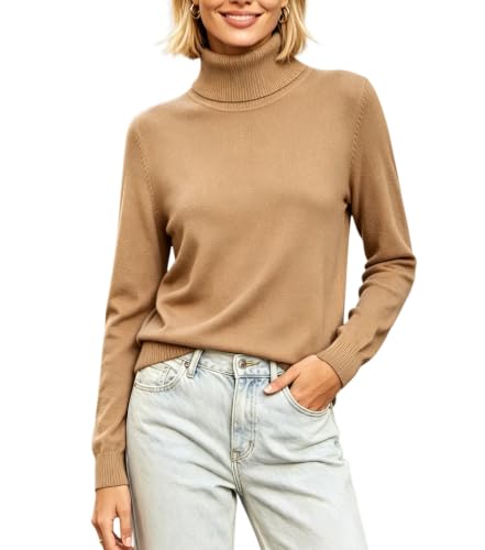 DAIMIDY Women's Turtleneck Cashmere Sweaters Knit Cashmere Sweater, Camel, US Small