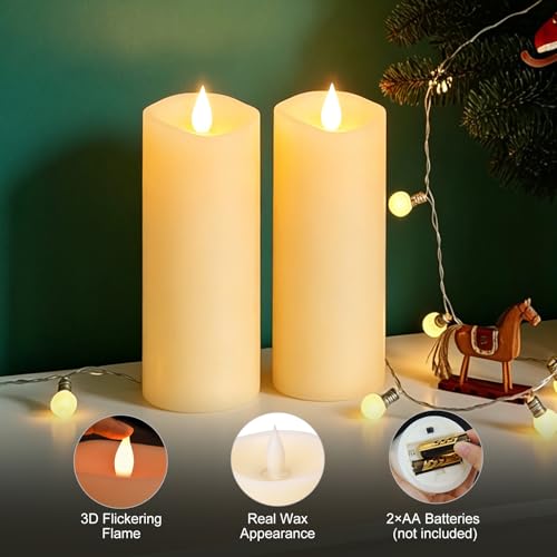 Image of 2PCS, 3 x 8 inches Flameless Candle with Remote Control, 3D Flickering Wick, Real Wax, Battery Candles,with Timer,Battery Powered Candles,for Holiday Home Decor,Ivory