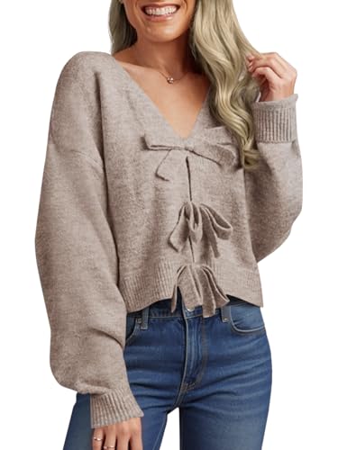 Saodimallsu Womens Bow Sweater Cropped V Neck Long Sleeve Fall Cozy Knit Loose Trendy Pullover Sweaters