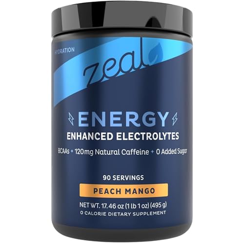 Electrolytes Powder with Caffeine - Enhanced Keto Energy & Hydration Drink Mix - Zero Sugar Electrolyte Powder w BCAAs B-Vitamins Potassium Zinc Magnesium - (90 Servings | Peach Mango)