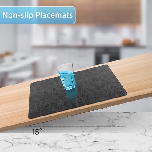 Placemats Set of 8 Washable, Heat Resistant Table Placemats Wipeable Faux Leather Place Mats Non Slip, Waterproof Square Table Mats for Indoor Outdoor, Charcoal Gray