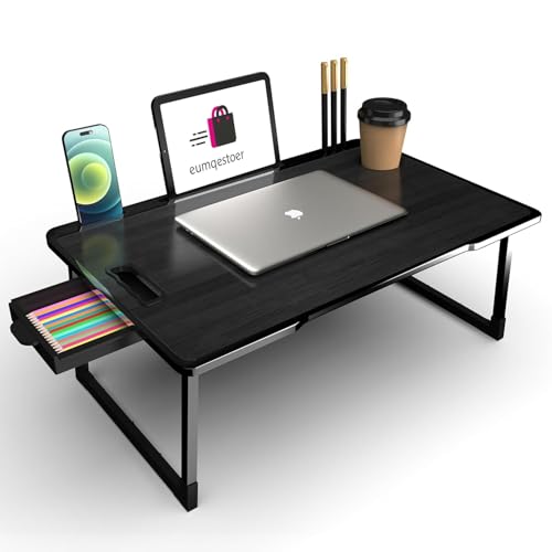 BAZAQU8D Foldable Wooden Mini Laptop Table for Bed, Study Table with Drawer, Tablet/Mobile Holder for Kids & Adults (US-Black COTED)