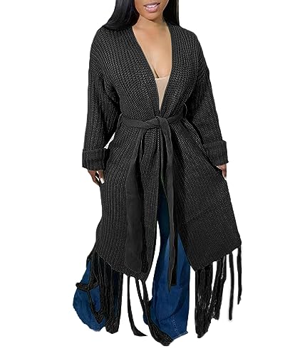 SOMTHRON Women's Long Cardigan Sweaters Tassel Fringe Open Front Maxi Knit Loose Winter Fall Coats Outwear with Belt