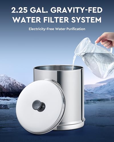 CO-Z Gravity-Fed Water Filter System, 2.25 Gallons Countertop Water Filtration System, 304 Stainless Steel Gravity Water Purifier with 2 Carbon Filters & Water Spigot, NSF/ANSI 42 Certification