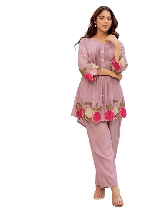 Women's Chanderi Silk Embroidered Co-Ord Set with Floral Embroidery, Pintuck Detail Tunic Top and Straight Pants, Ethnic Two Piece Outfit for Festive, Casual, Office No Dupatta-picture-10