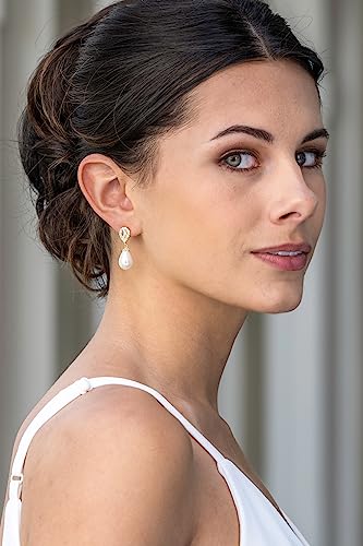 Mariell Gold Pearl Drop Wedding Earrings with CZ Crystals for Brides, Bridesmaids, Mother of the Bride3