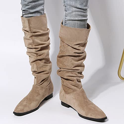 Ladies Fashion Solid Color Flock Wrinkled Pointed Toe Flat Casual Long Boots Thigh High Boots Tall4