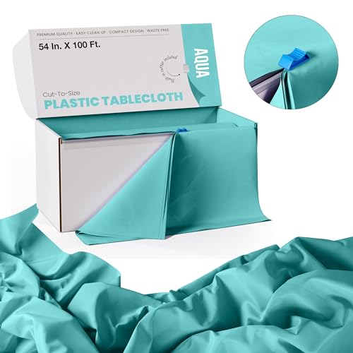 Image of Party Solids 54 Inch X 100 Feet Aqua Plastic Table Cover Roll in A Cut - to - Size Box with Convenient Slide Cutter. Cuts Up to 12 Rectangle 8 Feet Plastic Disposable Tablecloths