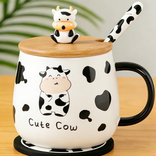 Disoza Tasse Vache avec couvercle Cow Mug 420ml Café Tasse Cadeau Vache Céramique Tasse à thé...