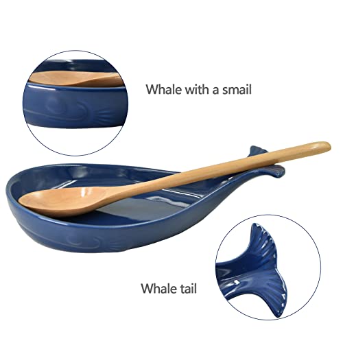 Ceramic Spoon Rest For Kitchen With Wooden Spoon, Whale Shape, Navy, 4.8W X 7.8L #TOP1
