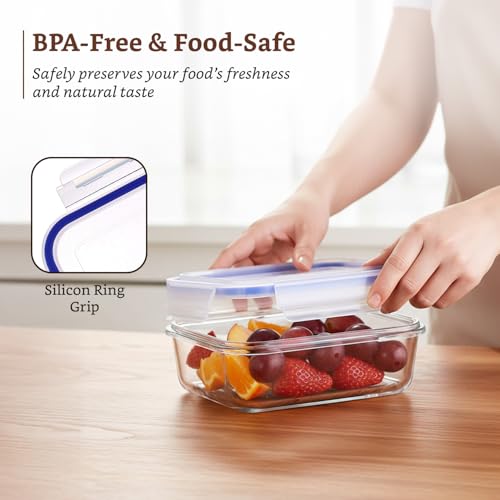 Image of Amazon Brand - Solimo Rectangular Glass Food Storage Container, 340 ml - Set of 3, Airtight & Leakproof, Microwave & Freezer Safe, Transparent