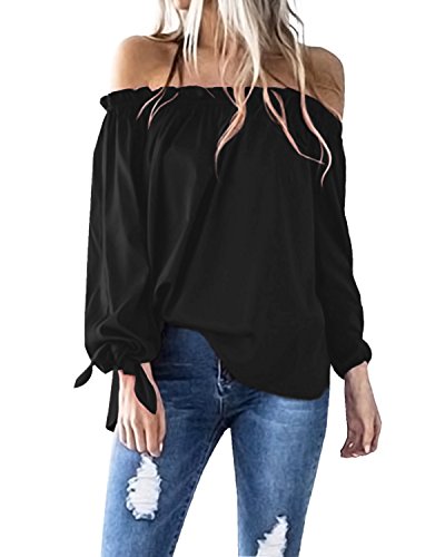 Preisvergleich Produktbild ACHIOOWA Langarmshirt Damen Schulterfrei Elegant Trägerlos Oberteil Tunika Langarm Shirt Tops Schwarz XXL