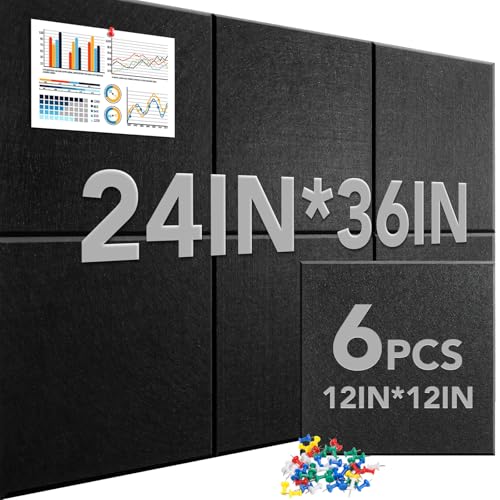 Cork Boards for Walls 24”x36”, 6 Pack Black Bulletin Board, Reusable Felt Wall Tiles with 35 Pins and Non-Marking Adhesives, Cork Board for Office Pin Board