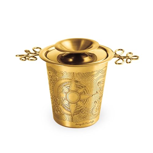 Luxury Tea Strainer Basket Gift Set - Gold Plated Infuser with Engraved Floral Motifs, Crystal Accent Chain for Loose Leaf Tea, Fine Mesh Filter & Ergonomic Handle