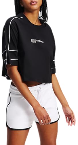 Karl Lagerfeld Jeans, Mujeres, Camiseta Corta De Manga Corta Con Ribetes Y Corte Relajado, Ajuste Relajado, Negro, XS