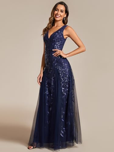 Image of Ever-Pretty Women's Prom Dresses V Neck Sleeveless Tulle Hem A-Line Sequins Maxi Ball Gowns 02130