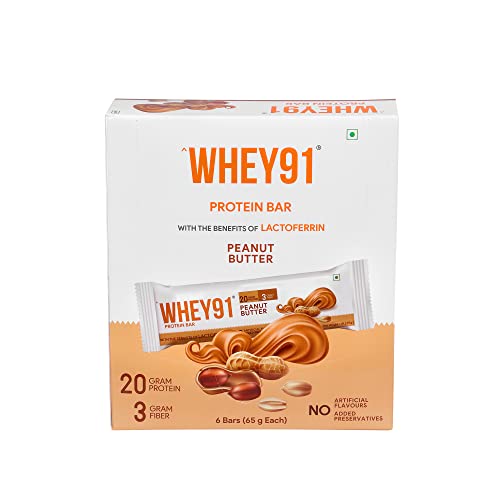 Image of WHEY91 Peanut Butter Protein Bar | 20G Protein & 3G Fibre Per Bar | Immunity Booster Lactoferrin | No Added Preservatives |No Added Sugar |(Pack Of 6 Bars), 390 Gram
