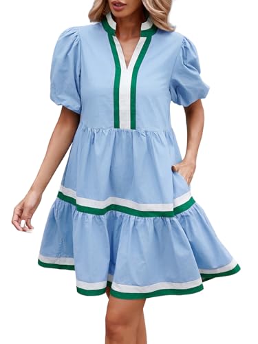Image of LifeShe Womens Puff Sleeve Babydoll Dress V Neck Navy Blue Striped Color Block Tiered Mini Dresses