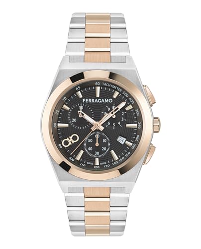 Ferragamo Vega Upper East Chrono Collection Luxury Mens Watch Timepieces with a Two Tone Bracelet and Case Featuring a Brown Dial