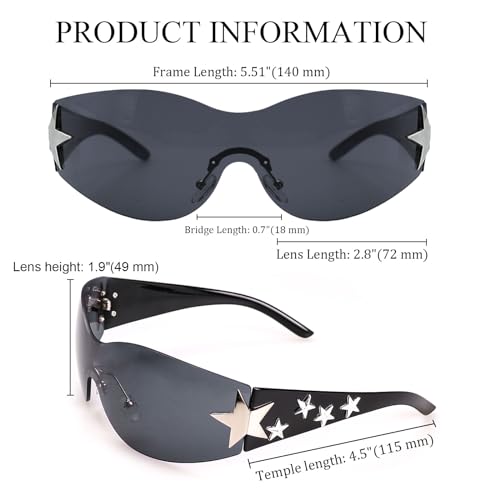 Star Y2K Sunglasses for Women Rimless Shield Wrap Around Sunglasses Oversized Fashion Aesthetic Glasses Shades3