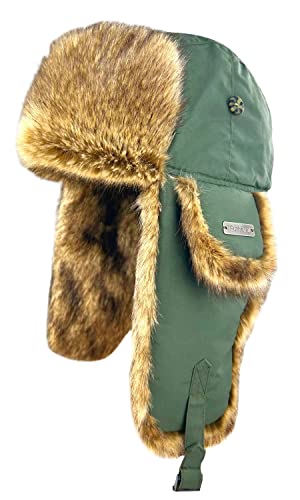 Winter Trapper Hat for Men Women Russian Faux Fur Ushanka Aviator Bomber Hat Mens Trapper Hat with Ear Flaps Climbing Hiking Army Green