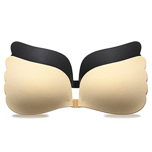LOKEEVAN 2 Paires Soutien-Gorge Adhesif,Mise à Niveau du Tissu Trous d'air Soutien-Gorge sans Bretelles,Soutien-Gorge Push Up Dos Nu Invisible Réutilisable sans Armature. Beige+Noir, Taille C Cover