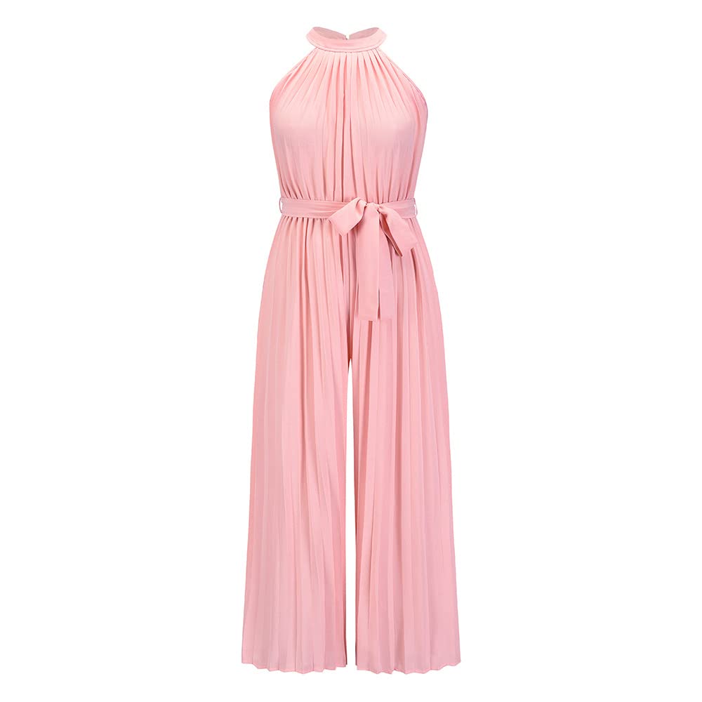 Monos Sexys Sin Mangas con Cuello Halter para Mujer, De Gasa Negra, con Rayas Plisadas, Cinturón, Pierna Ancha, Mono Palazzo, Elegante Mono De Verano De Una Pieza, Traje De Fiesta para Bo