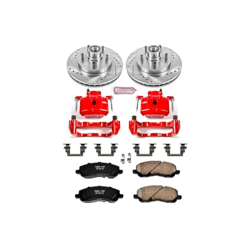 Image of PowerStop Front Brake Kit for Chrysler Sebring 2001-02 |Dodge Stratus 2001-05 - Carbon-Fiber Ceramic Brake Pads + Drilled & Slotted Rotors + Red Powder Coated Calipers, KC1678