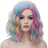 Aicos Fashion 35cm Short Curly Full Head Wig Pastel Rainbow Costume Wigs for Women Daily Dress Carnival Party Masquerade Anime Cosplay Wig +Wig Cap (Pastel Pinky Yellow Pink Blue Green)