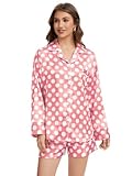 Moreone Womens Silk Satin Pajama Set Long Sleeve Button Down Top and Shorts 2 Piece Loungewear Soft Sleepwear With Pocket Pink White Polka Dot Print S