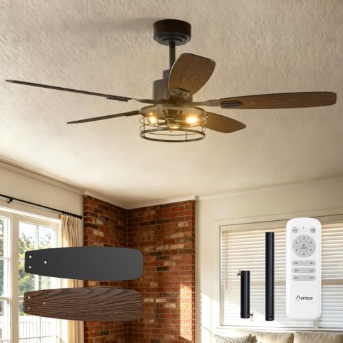 Image of Amico 52 Inch Farmhouse Ceiling Fans with Lights and Remote, Black Caged | E12 Replaceable Bulbs, Downrod Mount, Remote, Quiet Reversible Motor, Timer, Bedroom, Living Room, Covered Outdoor Spaces
