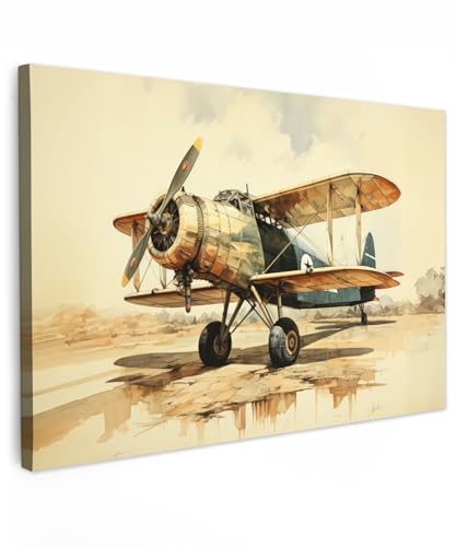 MuchoWow© Impression sur Toile Peinture 90x60 cm Tableau Mural Decoration Salon Reproductions de Tableaux Murale Moderne Vintage - Avion - Eau - Beige -...