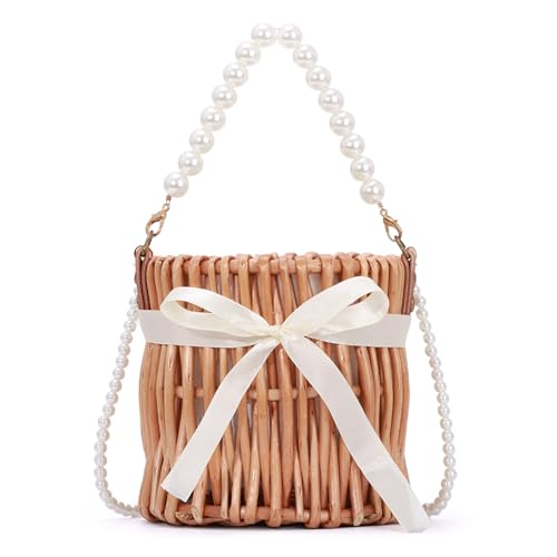 KUANG! Natural Handwoven Wicker Handbag Small Rattan Pearl Basket Purse Straw Beach Crossbody Bag for Women