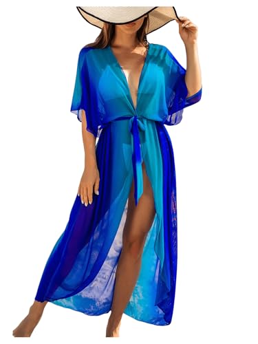 OYOANGLE Women's Ombre Sheer Belted Long Beach Kimono Cover Ups Lightweight Cardigans Resort Wear