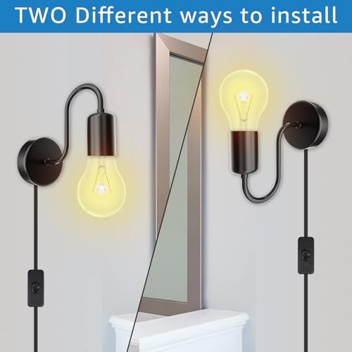 Image of Plug in Wall Sconce with Switch, Industrial Wall Mount Light Fixture E26 Vintage Wall Sconces, with Plug in Cord Black Metal Farmhouse Wall Lamp for Bedroom Living Room Corridor