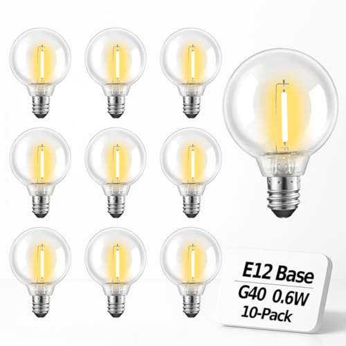 Hobbynors 10Pack G40 LED Globe Replacement Bulbs,Long-Lasting Vintage Style,Shatterproof,Outdoor Ready for String Lights,0.6W Energy Saver,2700K Warm White, E12 Base