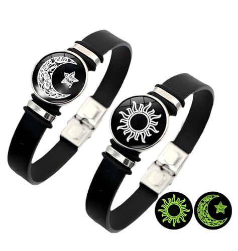 2pcs sun star moon glow-in-the-dark bracelets, men's and women's black leather bracelets, sun moon star couple bracelets