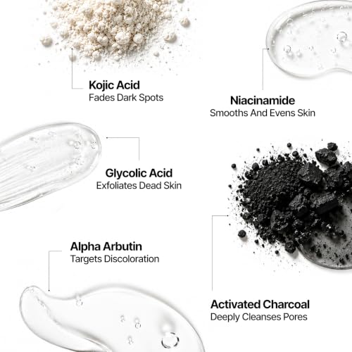 Image of Mannlich 2% Kojic Acid Exfoliating Soap with Alpha Arbutin, Glycolic Acid, Niacinamide & Activated Charcoal | For Pigmentation, Dark Spots, Tan Removal, Brightens Underarms | pH Balanced, SLS Free, Dermatologically Tested | 75 g (Pack of 6)