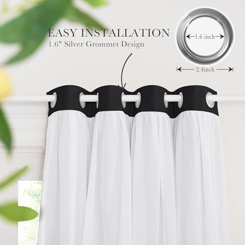 Image of PONY DANCE Black Blackout Curtains for Bedroom, 52 W x 84 L, Set of 2 | Decorative Gothic Window Curtains Double Layer Blackout Drapery White Crushed Sheers Panels Set for Living Room