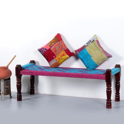 Image of Wooden Bench for Seating | Handcrafted Sheesham Wood Bench for Living Room, Balcony & Garden | Traditional Patio for Outdoor with Cotton Handwoven Rope | Pink and Light Blue