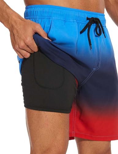 Inloko Mens Swim Trunks with Compression Liner 7 inch Inseam Quick Dry 2 in 1 Beach Board Shorts with Pockets