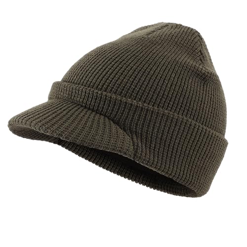 Home Prefer Mens Wool Blend Winter Hat Double-Layer Warm Knit Pre-Curve Visor Beanie Brimmed Beanies Hat for Men Women (US Alpha One Size Army Green)