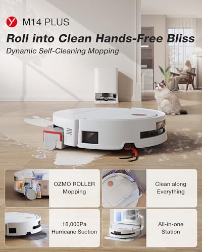 Image of Yeedi M14 Plus Robot Vacuum and Mop with All-in-One Station, 18000Pa, OZMO Roller Instant Self-Washing Mopping, 167℉ Hot Water Mop Washing & Self-Drying, ZeroTangle 3.0, Self-Emptying, White