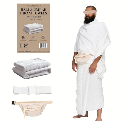 The Halal Caravan Mens Ihram for Hajj & Umrah - Sweat Absorbent Comfortable Fully Opaque 2-Piece Ihram Set Ehram Ahram 43 x 83 Inches Ideal for Muslim Men White