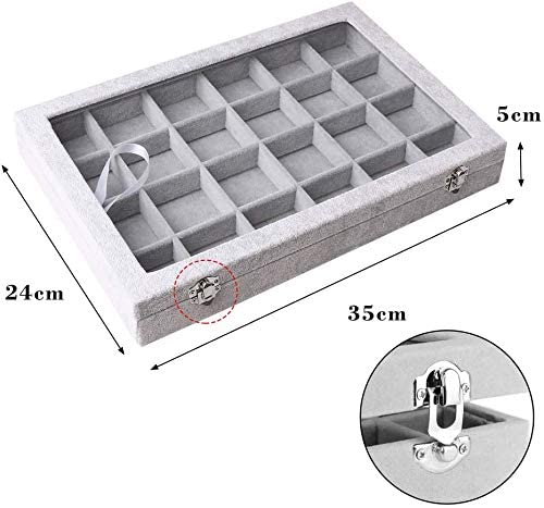 Image of BucketList Women's Velvet Glass Ring Earrings Jewelry Box - Display Storage Showcase Holder Organizer (Big 24 Grid Jewellery Box Grey)