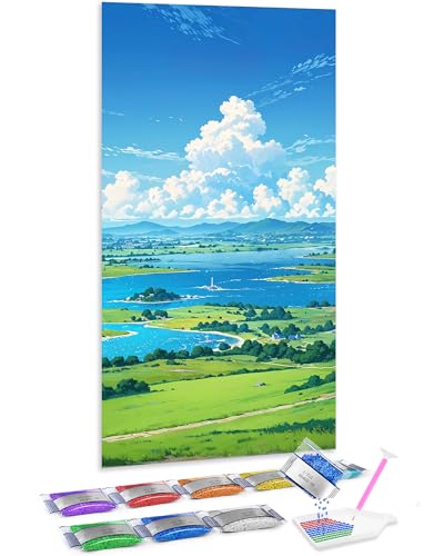 Kit de diamond painting 5D de paisaje de cielo y pastizal para decorar tu salón (70x40 cm)